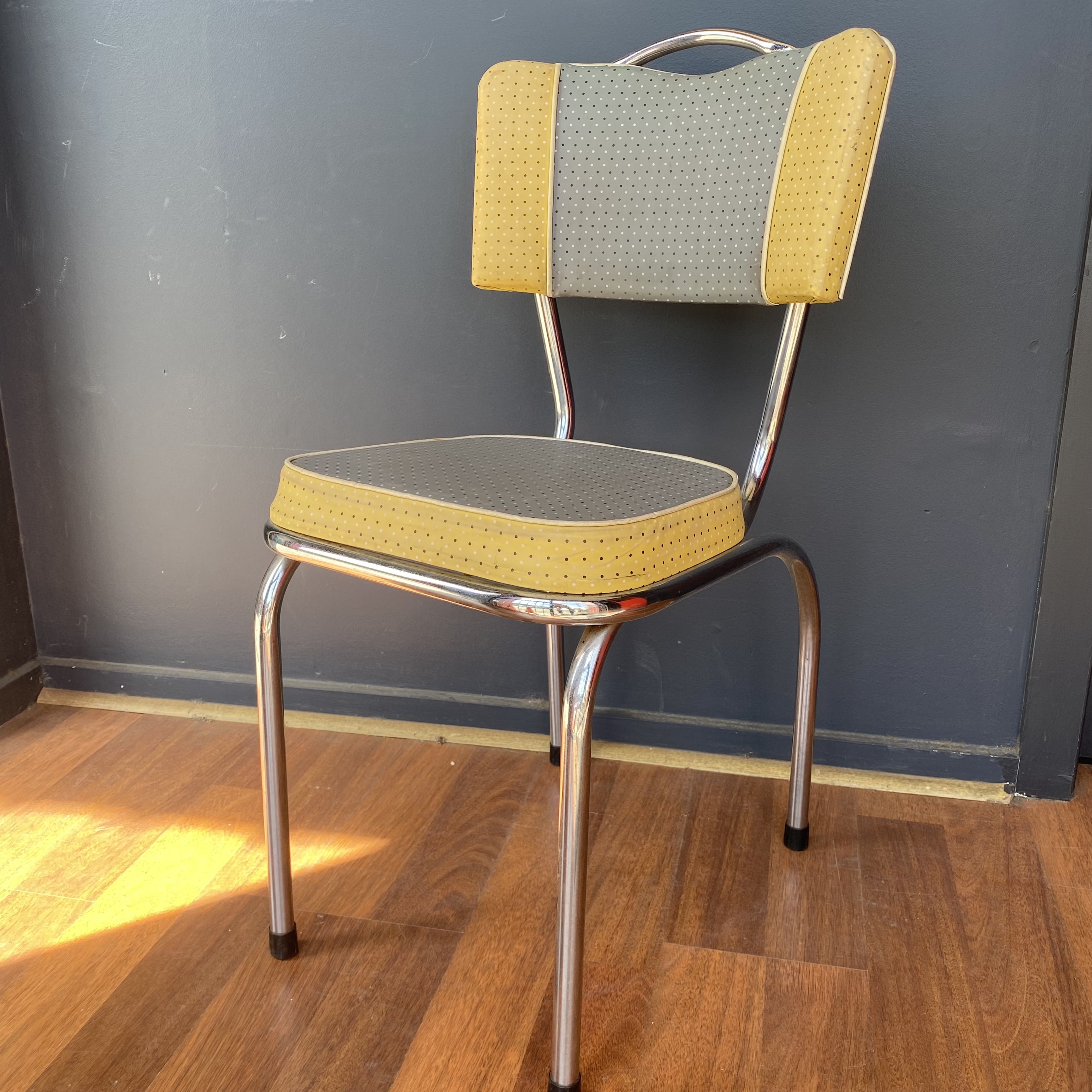 CHAIR, 1950s Kitchen Chair - Grey & Yellow Polka Dot